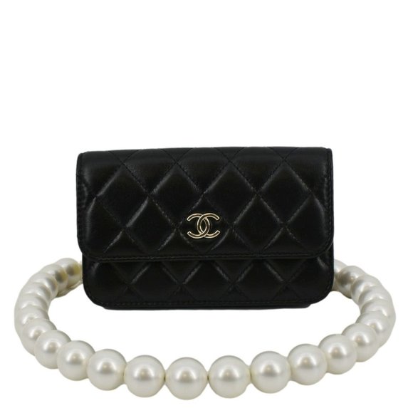 CHANEL  Pearl Strap CC Mini Quilted Leather Wallet on Chain Shoulder Bag Black - Picture 1 of 12